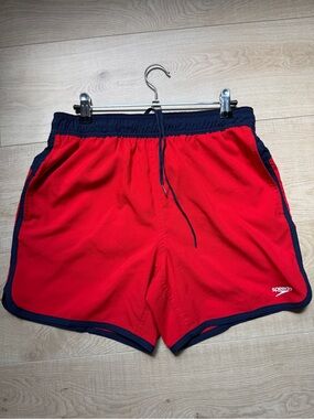 Speedo Red Swim Shorts with Navy Accents